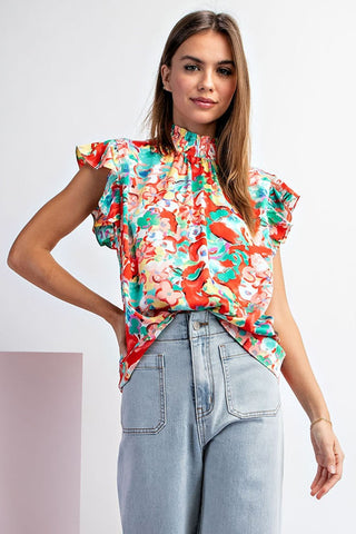 Floral Print Mock Neck Top