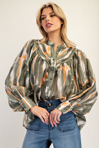 Printed Bubble Sleeve Top