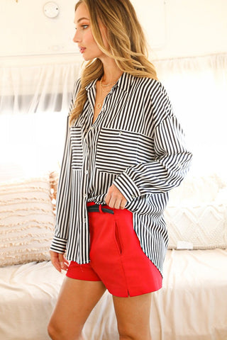 Collared Pocket Detail Striped Satin Shirt