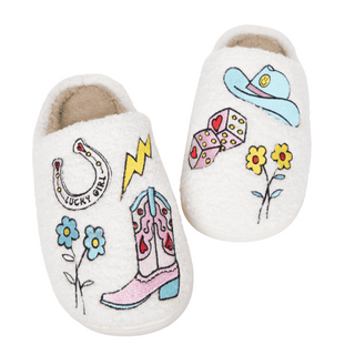 Pair of white slippers with colorful designs on a white background