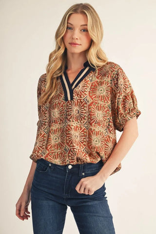Drop Shoulder Boho Print Top