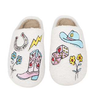Pair of white slippers with colorful designs on a white background