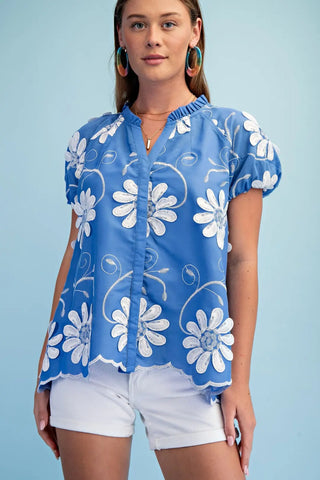 Floral 3D Appliqué and Embroidered V-Neck Top with a Covered Button Placket and Elastic Banded Sleeves