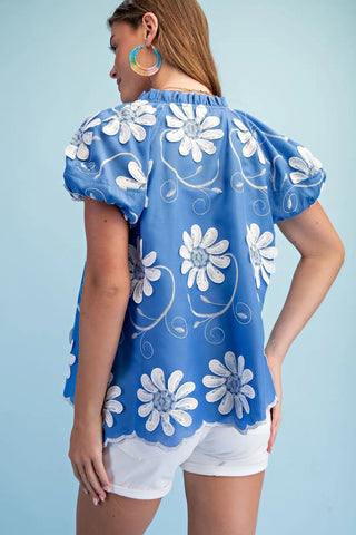 Floral 3D Appliqué and Embroidered V-Neck Top with a Covered Button Placket and Elastic Banded Sleeves