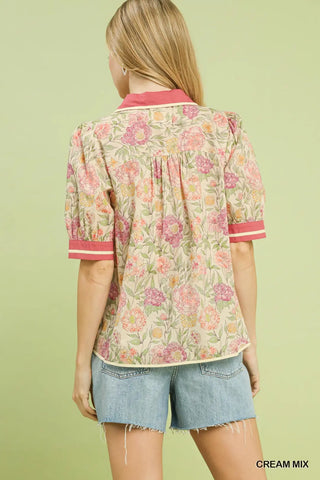 Mix Floral Puff Sleeve Blouse with Contrast Trim