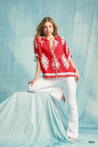 Abstract Print Top Cherry Red