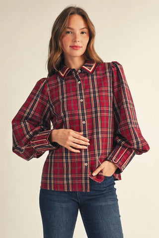 Embroidery Trim Plaid Top