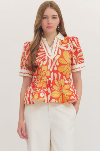 Floral Print Short Puff Sleeve Top