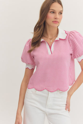 Gingham Short Puff Sleeve Top