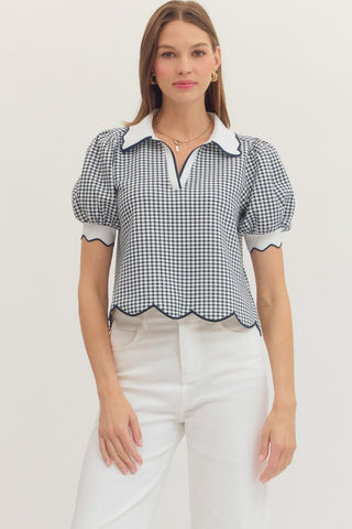 Gingham Short Puff Sleeve Top