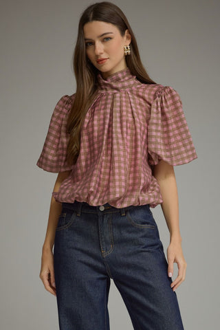 Gingham Short Puff Sleeve Top