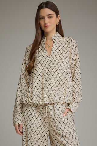 Geometric print long sleeve top with a split neckline
