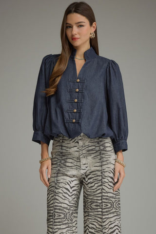 Pleated Balloon Sleeve Denim Top