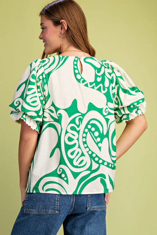 V-Neck Blouse,Balloon Sleeves and Ric-Rac Trim