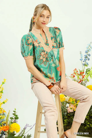 Mixed Abstract print V-Neck Top