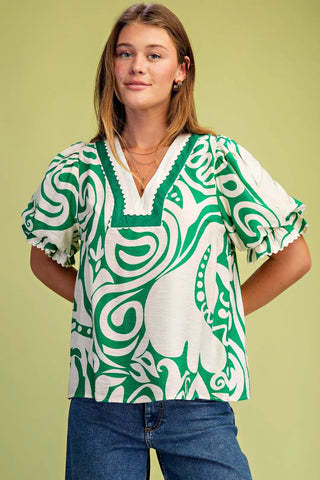 V-Neck Blouse,Balloon Sleeves and Ric-Rac Trim