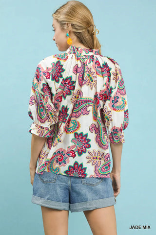 Paisley Print Button Front Top