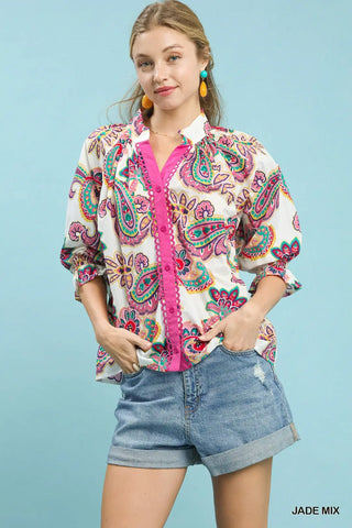 Paisley Print Button Front Top