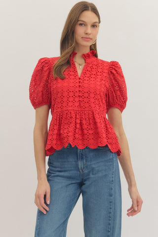 Puff Sleeve Top Eyelet Embroidery.