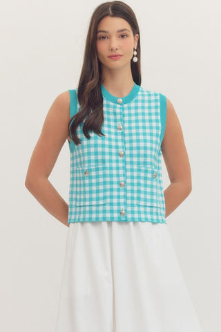 Gingham Sleeveless Knit Top