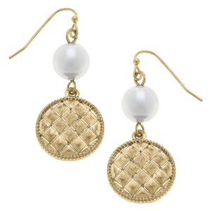Andee Pearl & Quilted Metal Disc Drop Earrings