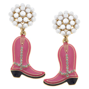 Pink Cowboy Boot Enamel & Pearl Cluster Earrings