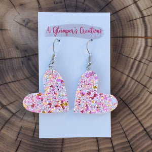 Pink Glitter Mix Heart Leather Earrings - Small