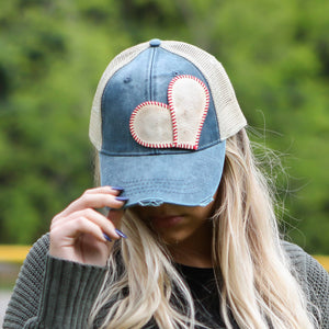 Leather Baseball Heart Hat in Navy Blue