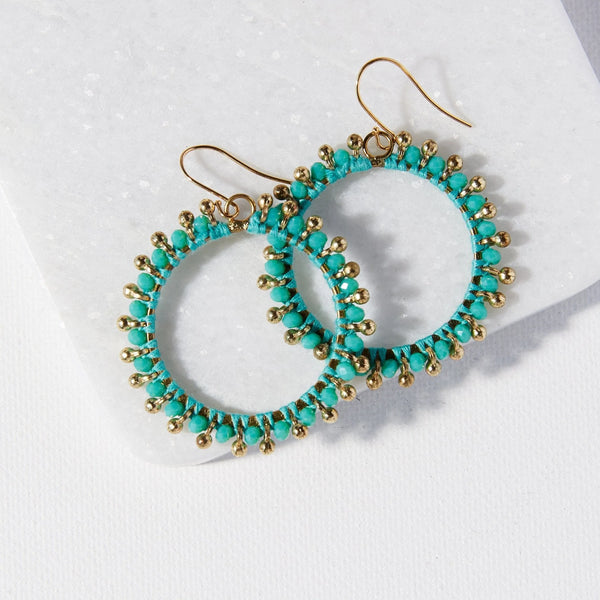 Turquoise Glass Brass Hoop Dangle Earrings